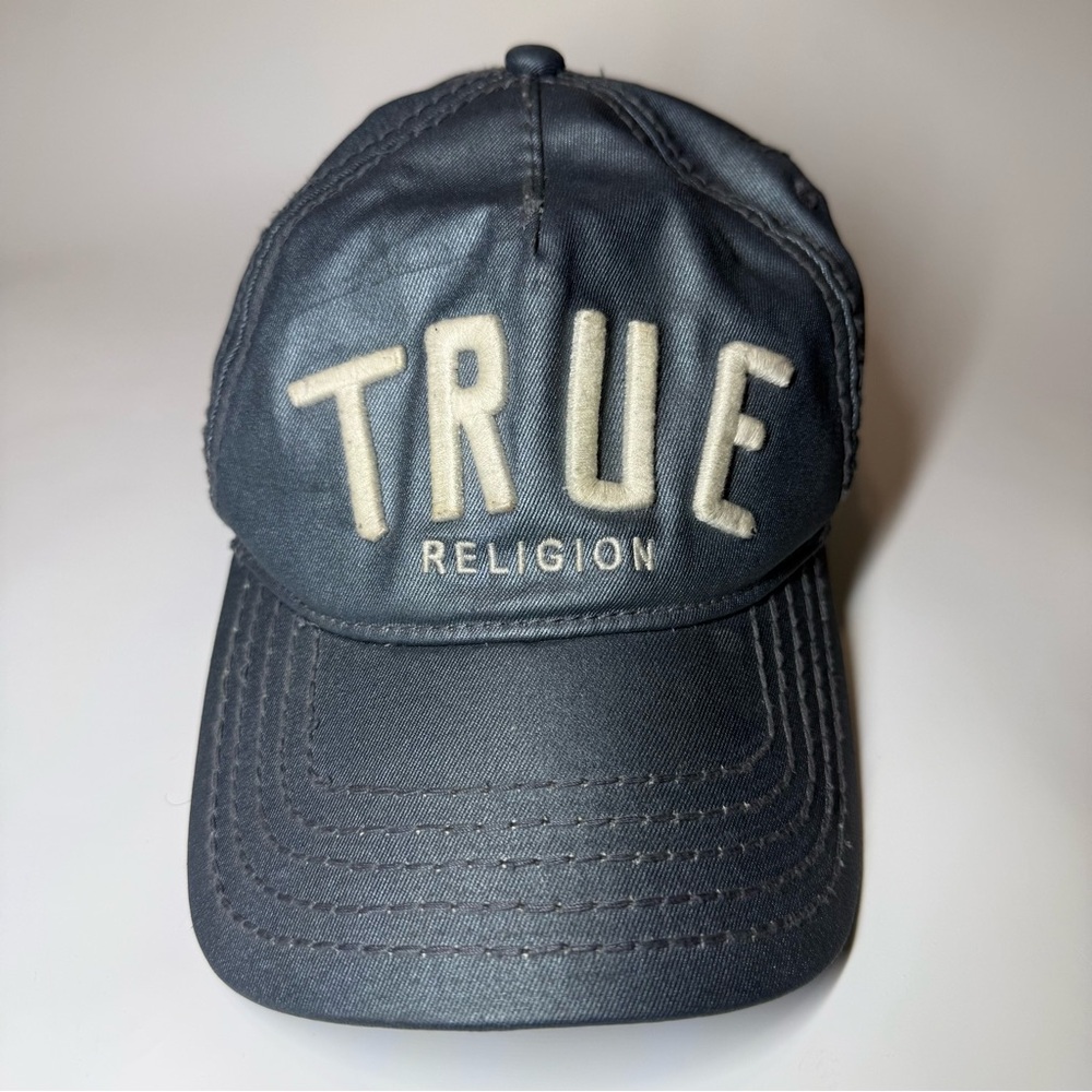 True Religion Men's Adjustable Leather Strapback Waxed Thick Stitch Hat Cap